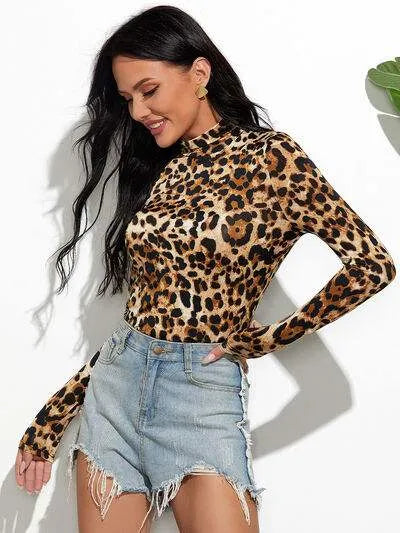 Leopard Mock Neck Long Sleeve T-Shirt Women's T-Shirts - Tophatter Daily Deals