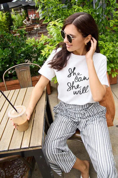 Simply Love Full Size SHE CAN SHE WILL Short Sleeve T-Shirt White Women's T-Shirts - Tophatter Daily Deals