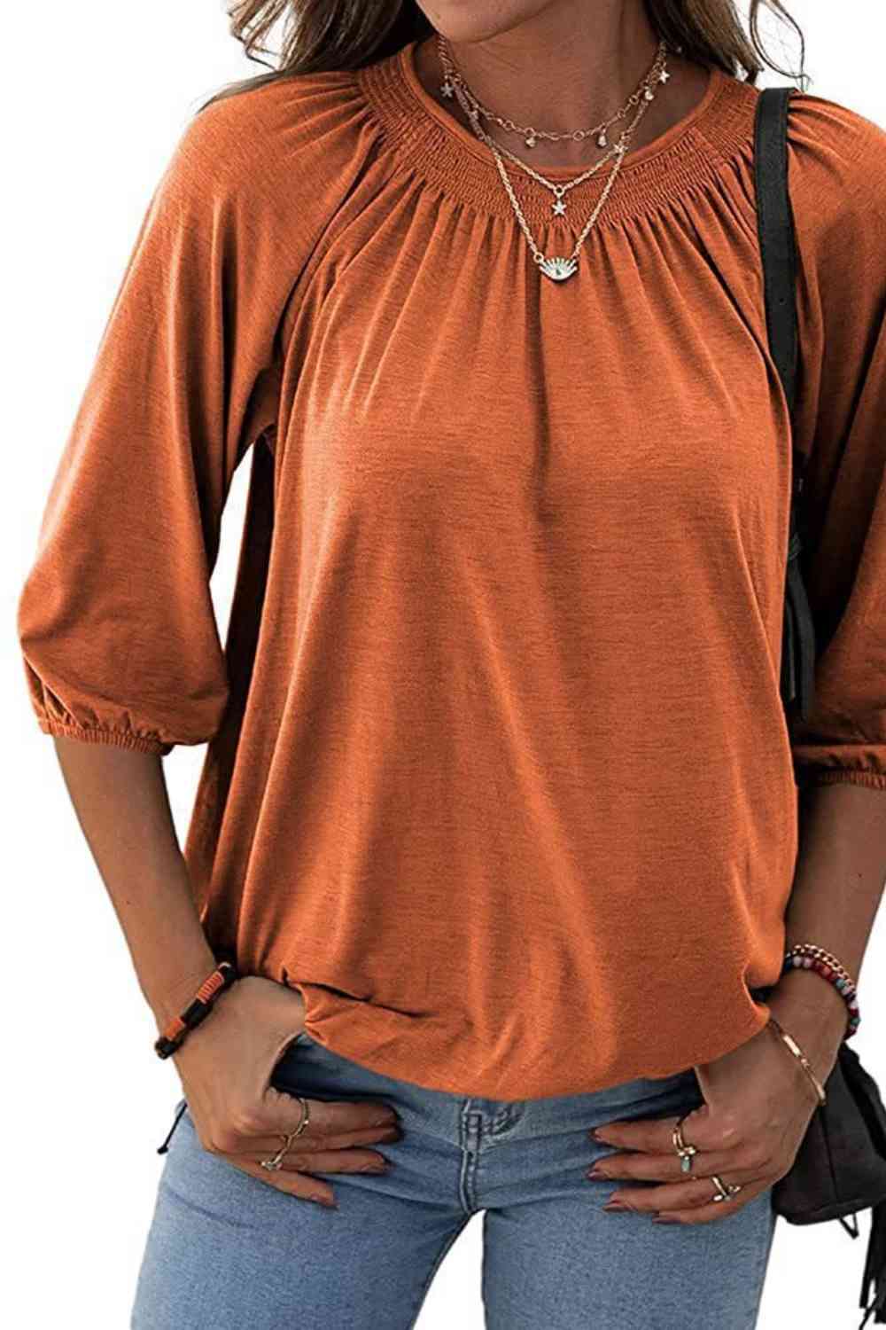 Gathered Detail Round Neck T-Shirt Women's T-Shirts - Tophatter Daily Deals