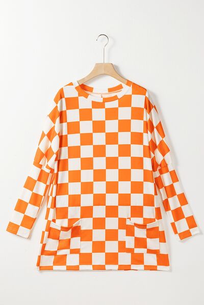 Checkered Round Neck Long Sleeve T-Shirt with Pockets Women's T-Shirts - Tophatter Daily Deals