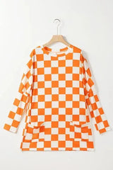 Checkered Round Neck Long Sleeve T-Shirt with Pockets Women's T-Shirts - Tophatter Daily Deals