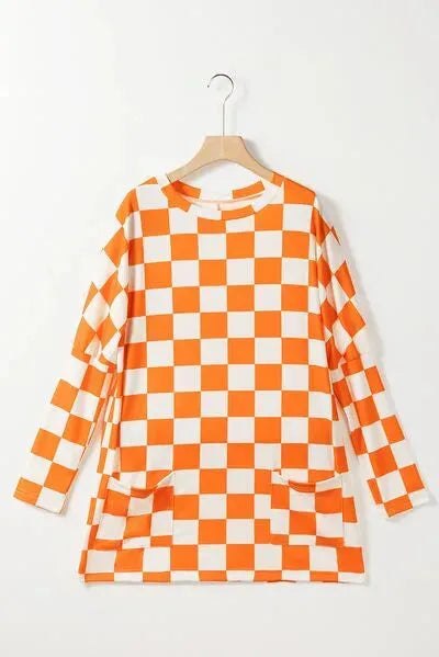 Checkered Round Neck Long Sleeve T-Shirt with Pockets Women's T-Shirts - Tophatter Daily Deals
