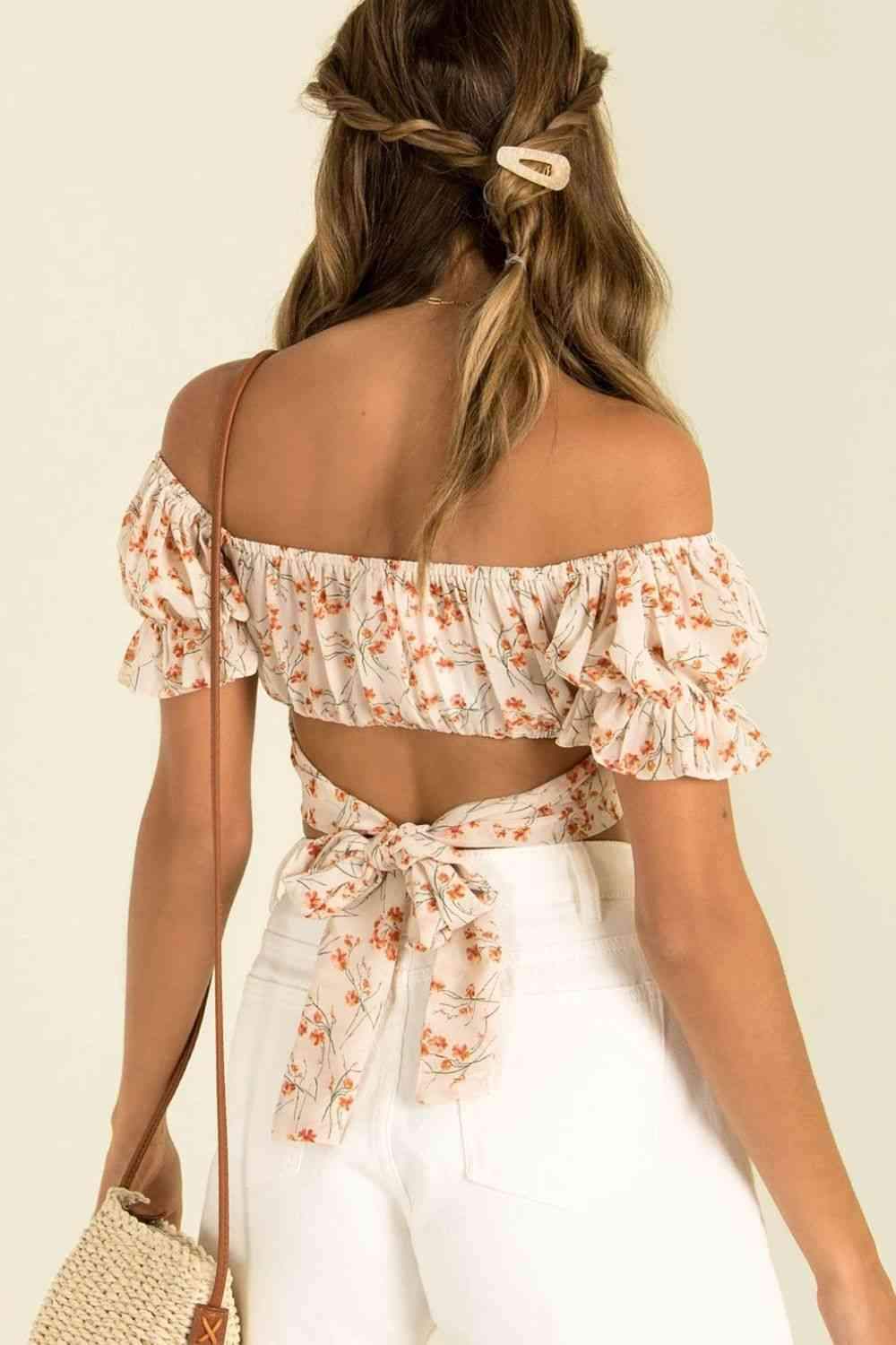 Flower Print Ruffle Trim Off-Shoulder Back Tie Blouse Blouses - Tophatter Daily Deals