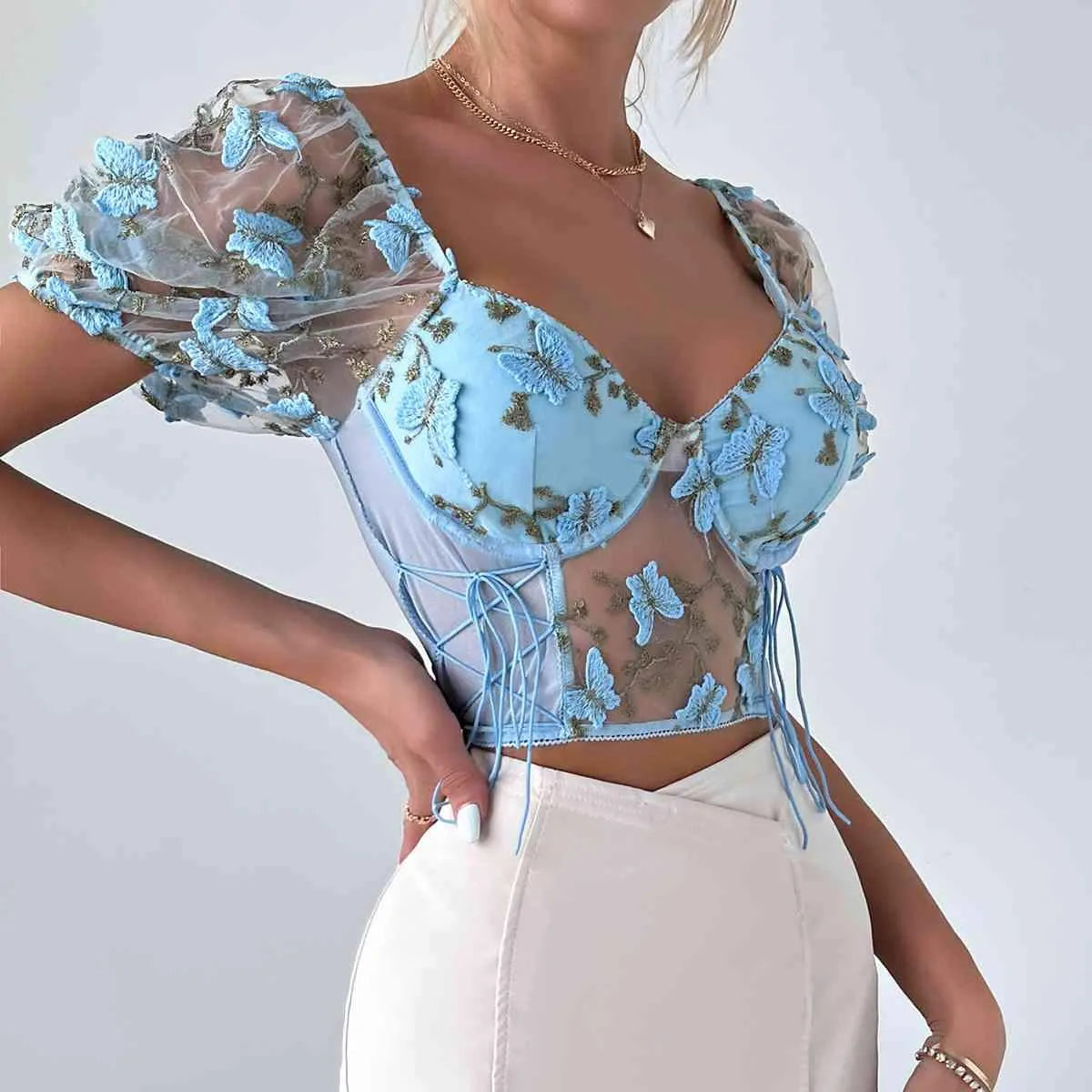 Embroidery Sweetheart Neck Short Sleeve Lace Trim Blouse Blouses - Tophatter Daily Deals