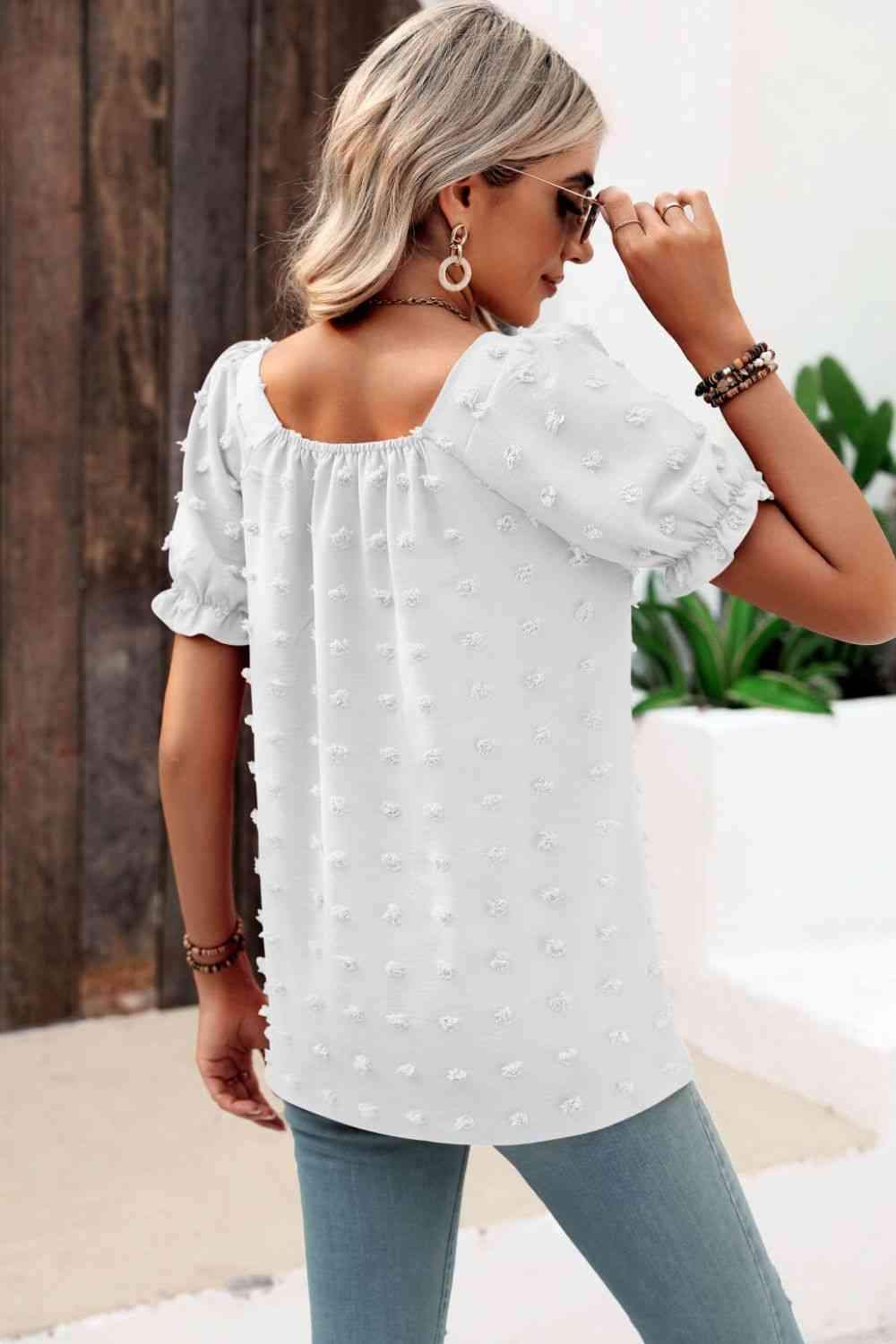 Swiss Dot Puff Sleeve Square Neck Blouse Blouses - Tophatter Daily Deals