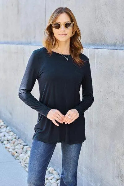 Basic Bae Full Size Round Neck Long Sleeve Top Black Blouses - Tophatter Daily Deals
