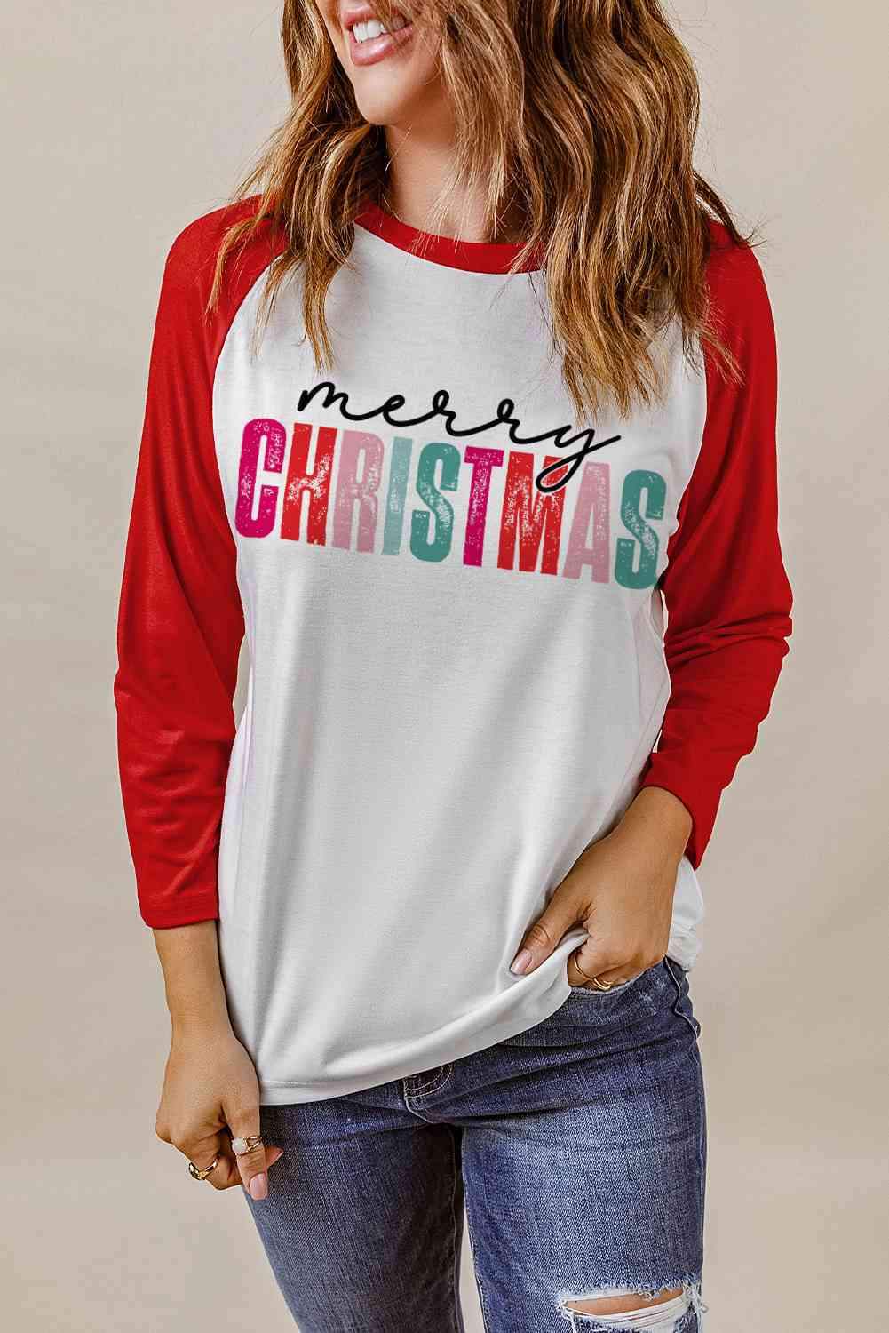 MERRY CHRISTMAS Graphic Raglan Sleeve T-Shirt Deep Red Women's T-Shirts - Tophatter Daily Deals