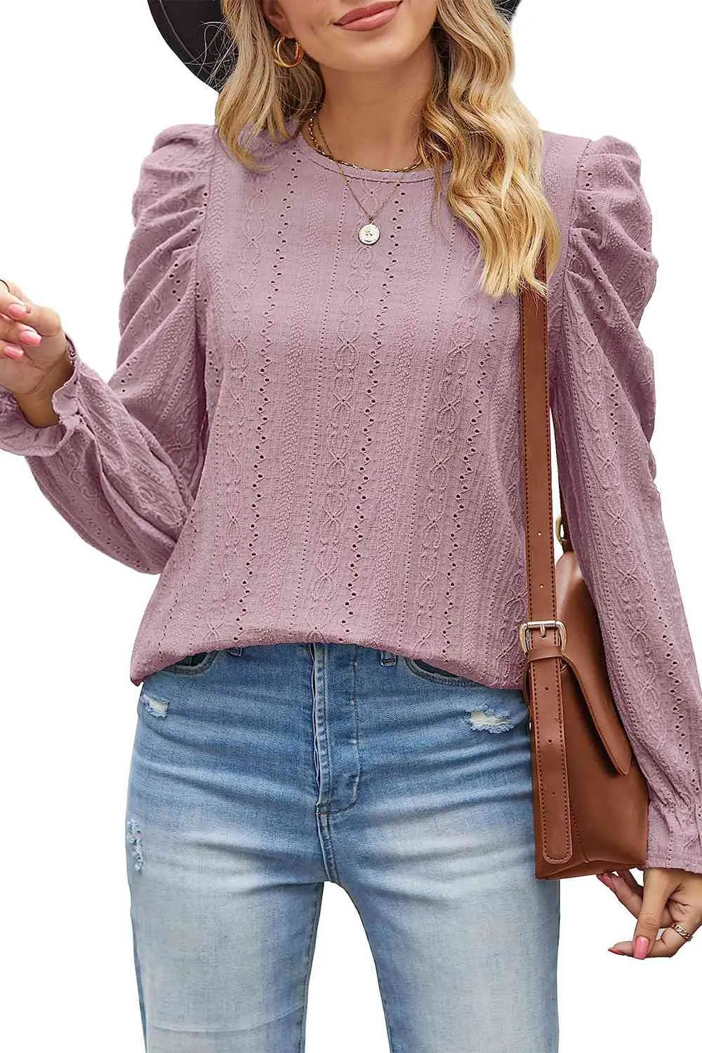 Round Neck Puff Sleeve Blouse Blouses - Tophatter Daily Deals