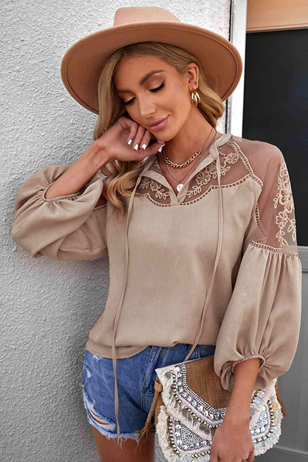 Embroidered Tie-Neck Puff Sleeve Blouse Blouses - Tophatter Daily Deals