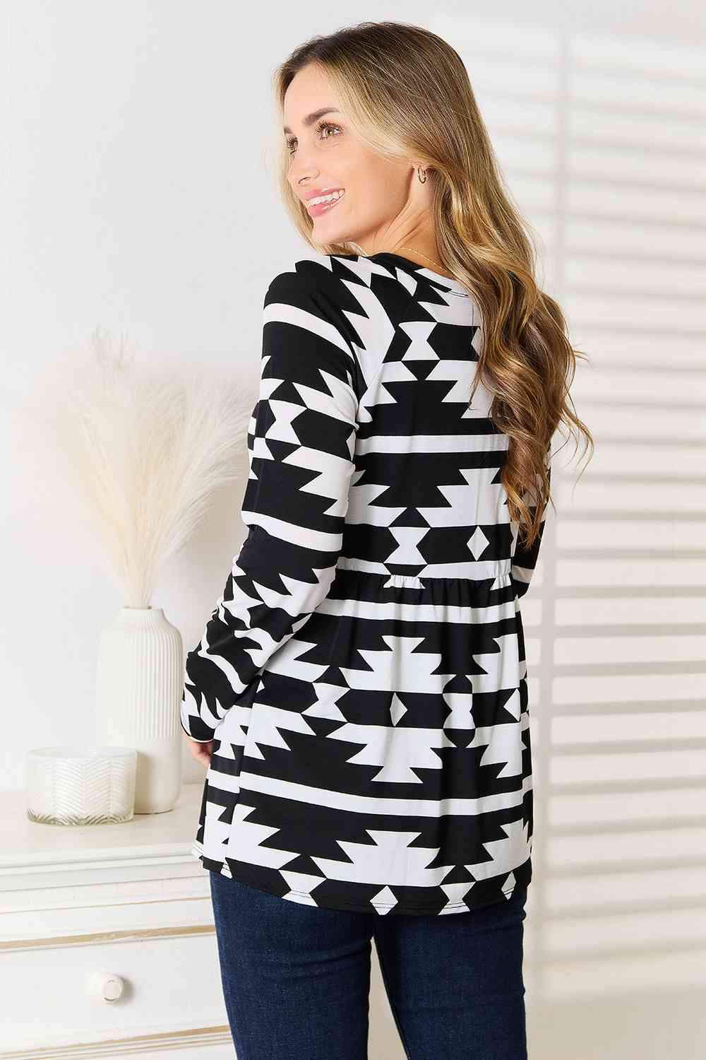 Heimish Full Size Geometric Notched Neck Long Sleeve Top Blouses - Tophatter Daily Deals