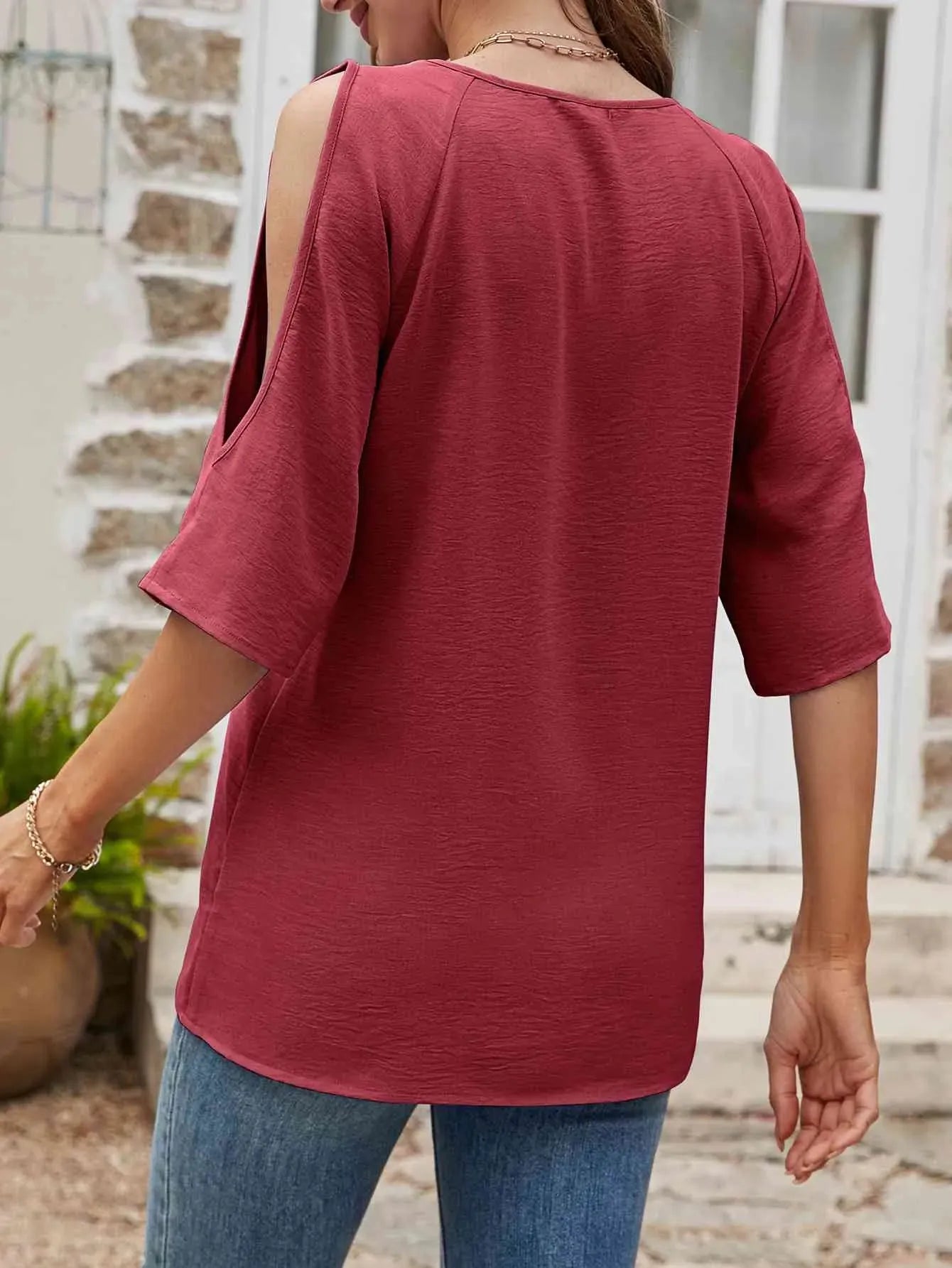 Textured Round Neck Split Sleeve Top Women's T-Shirts - Tophatter Daily Deals