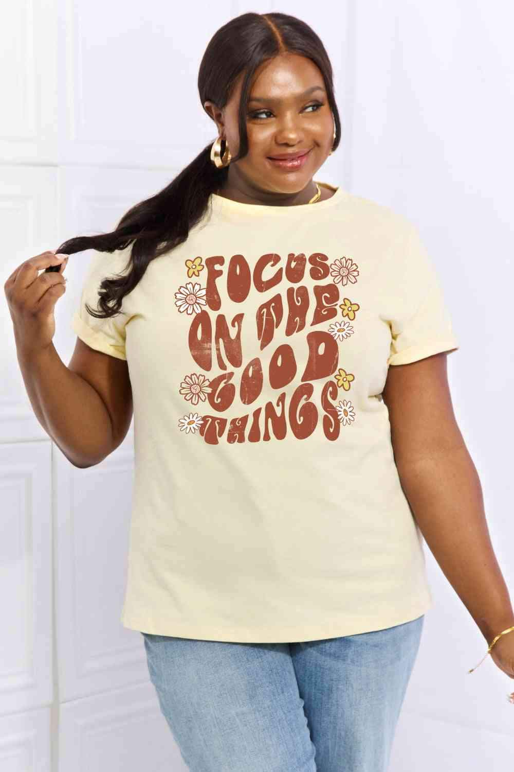 Simply Love Full Size FOCUS ON THE GOOD THINGS Graphic Cotton Tee Women's T-Shirts - Tophatter Daily Deals