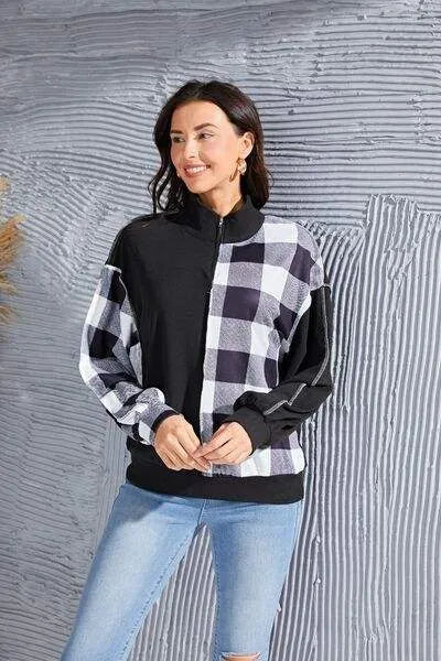 Plaid Exposed Seam Long Sleeve Blouse Black Blouses - Tophatter Daily Deals