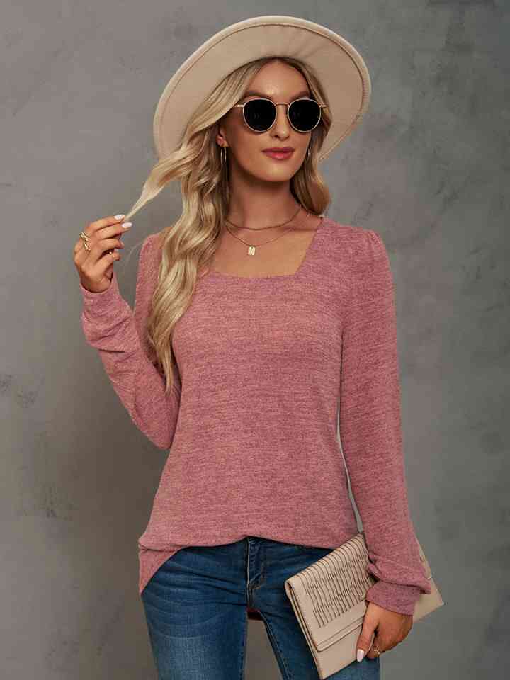 Heathered Square Neck Long Sleeve T-Shirt Burnt Coral Women's T-Shirts - Tophatter Daily Deals