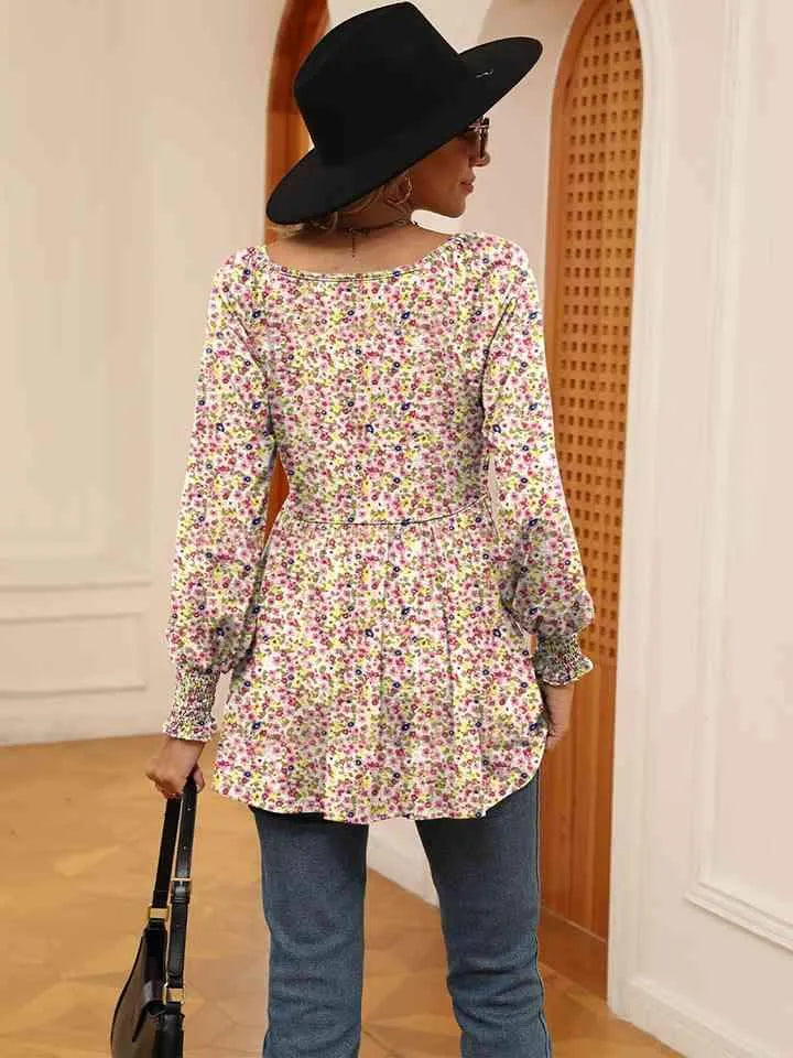 Printed V-Neck Lantern Sleeve Blouse Blouses - Tophatter Daily Deals