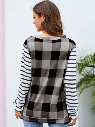 Plaid Striped Round Neck Long Sleeve T-Shirt Women's T-Shirts - Tophatter Daily Deals