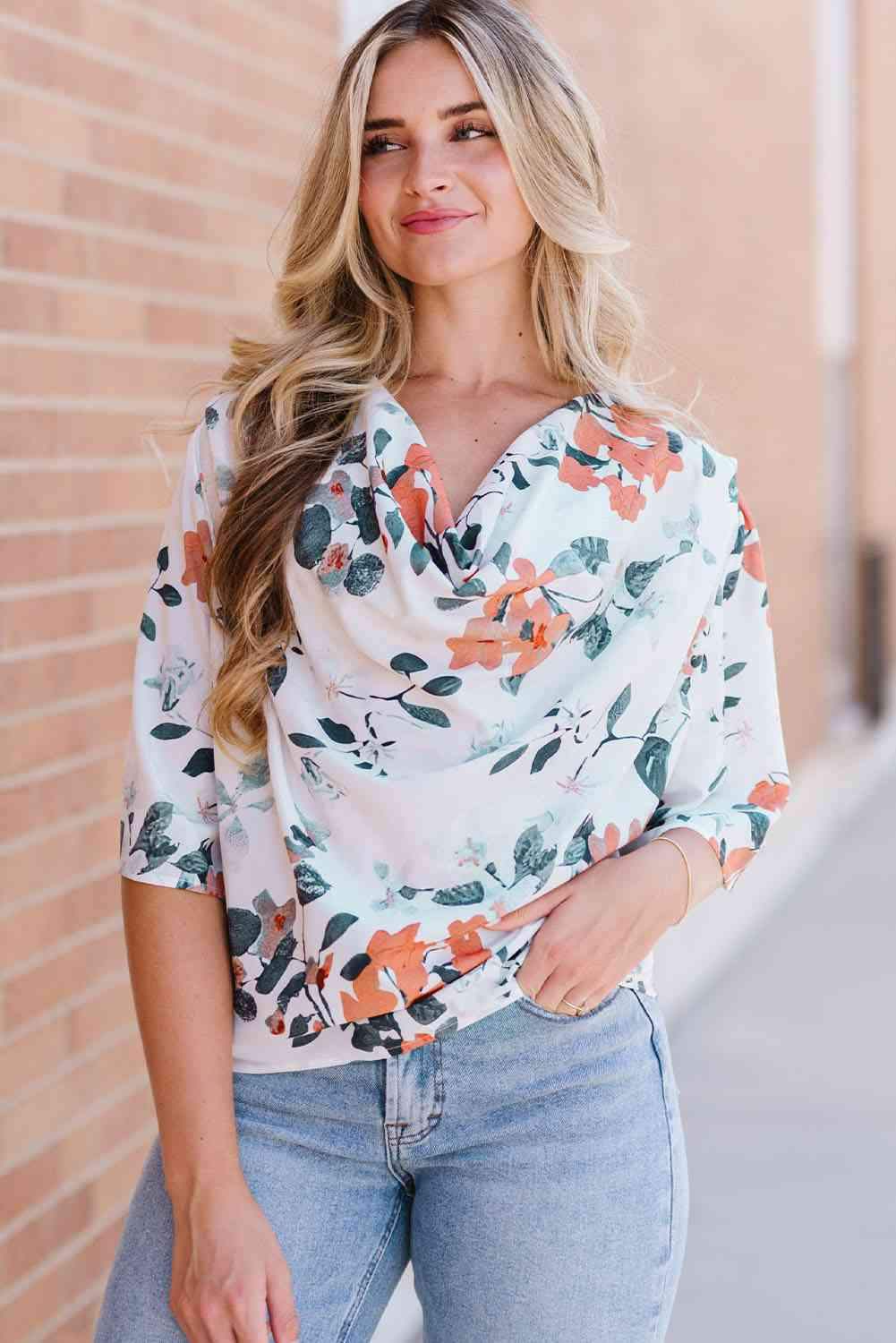 Floral Cowl Neck Blouse White Blouses - Tophatter Daily Deals