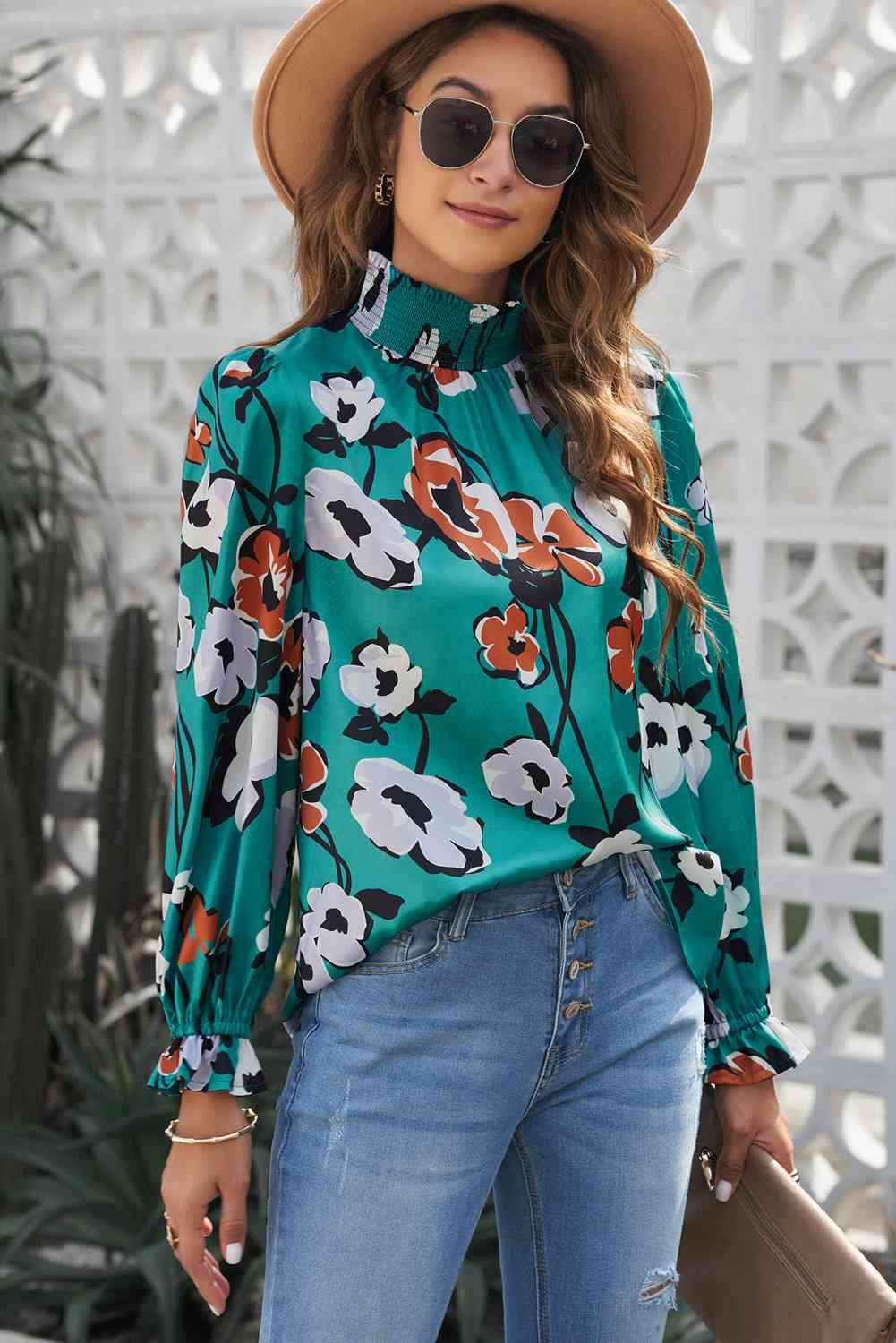 Floral Smocked Mock Neck Flounce Sleeve Blouse Blouses - Tophatter Daily Deals