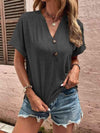 Notched Neck Short Sleeve Blouse Charcoal Blouses - Tophatter Daily Deals