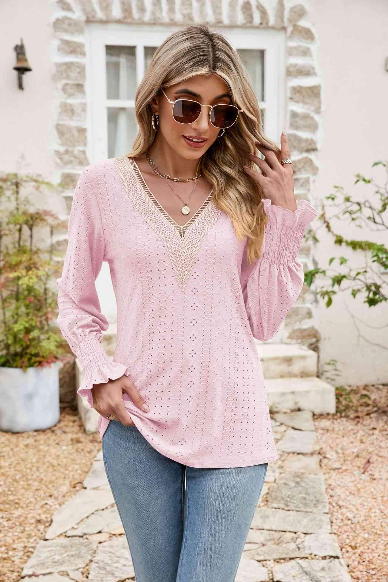 Eyelet V-Neck Smocked Flounce Sleeve Blouse Blouses - Tophatter Daily Deals