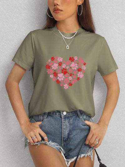 Heart Round Neck Short Sleeve T-Shirt Women's T-Shirts - Tophatter Daily Deals