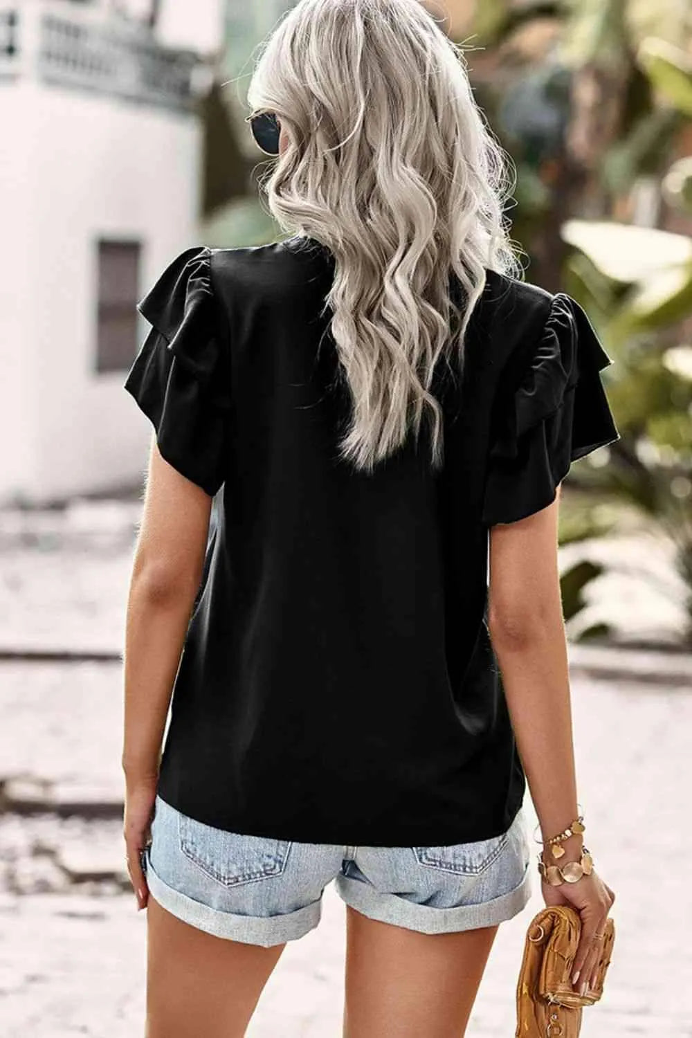 Contrast Ruffle Trim Flutter Sleeve Blouse Blouses - Tophatter Daily Deals