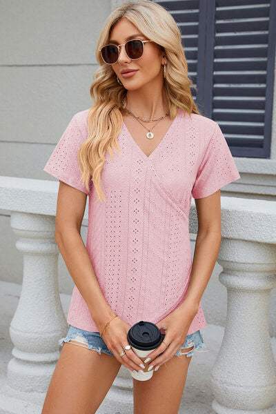 Eyelet Surplice Short Sleeve T-Shirt Blush Pink Women's T-Shirts - Tophatter Daily Deals