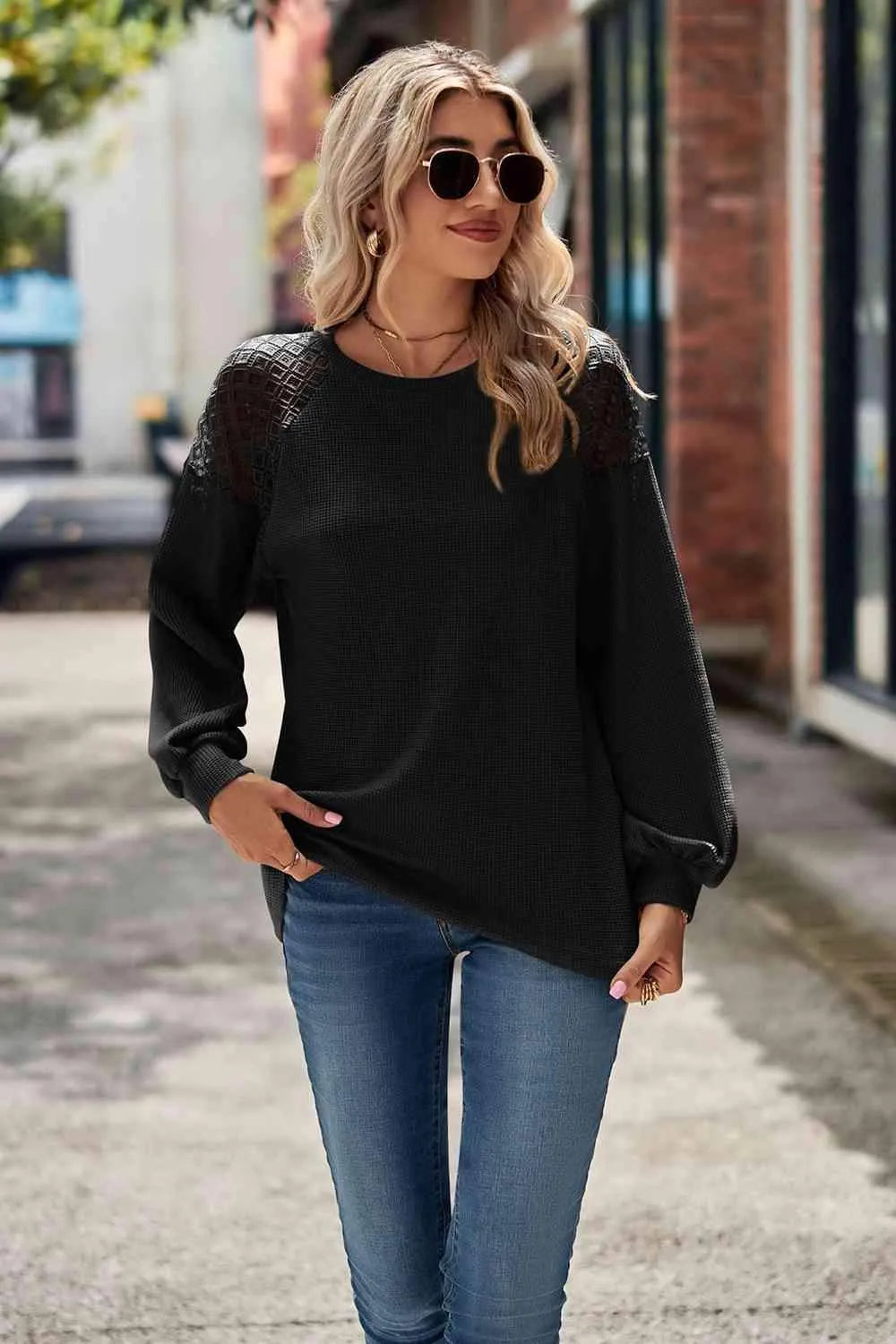 Round Neck Dropped Shoulder Eyelet Top Blouses - Tophatter Daily Deals