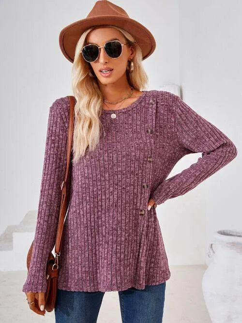 Ribbed Buttoned Round Neck Slit T-Shirt Women's T-Shirts - Tophatter Daily Deals