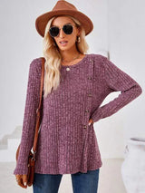 Ribbed Buttoned Round Neck Slit T-Shirt Women's T-Shirts - Tophatter Daily Deals