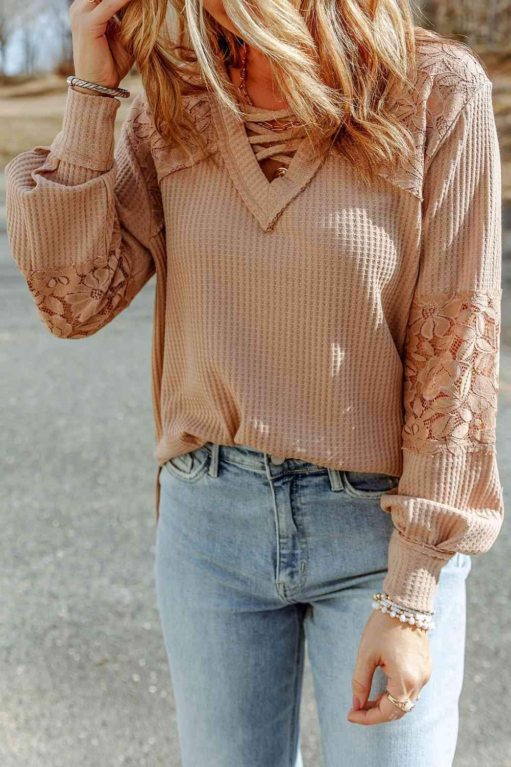 Crisscross V-Neck Waffle-Knit Top Blouses - Tophatter Daily Deals