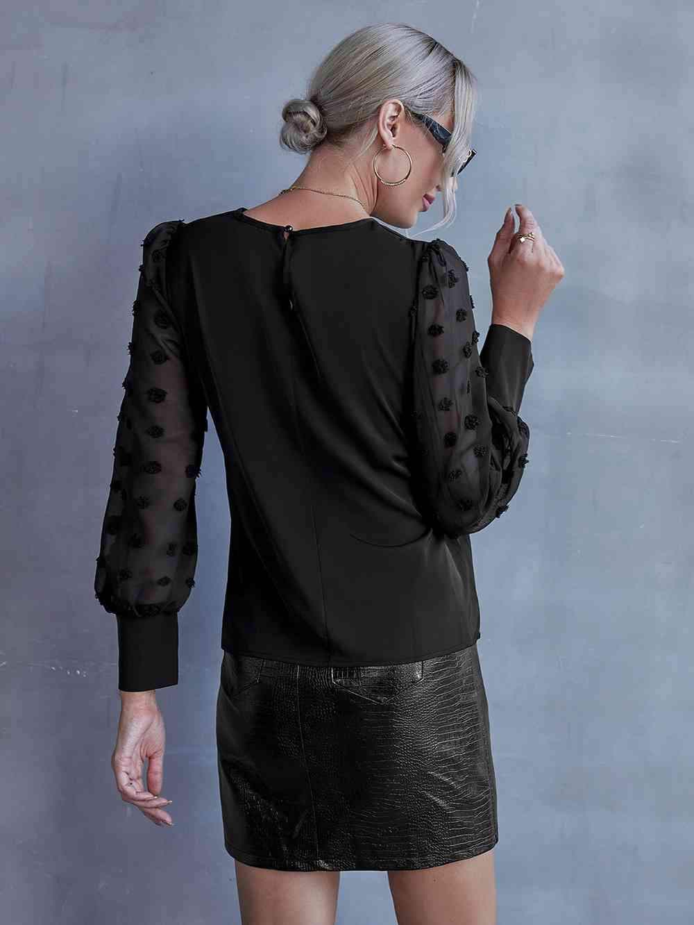 Swiss Dot Lantern Sleeve Round Neck Blouse Blouses - Tophatter Daily Deals