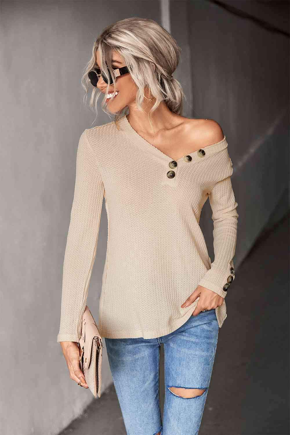 Waffle-Knit Button Detail V-Neck Top Cream Blouses - Tophatter Daily Deals