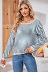 Striped Round Neck Drop Shoulder T-Shirt Blouses - Tophatter Daily Deals