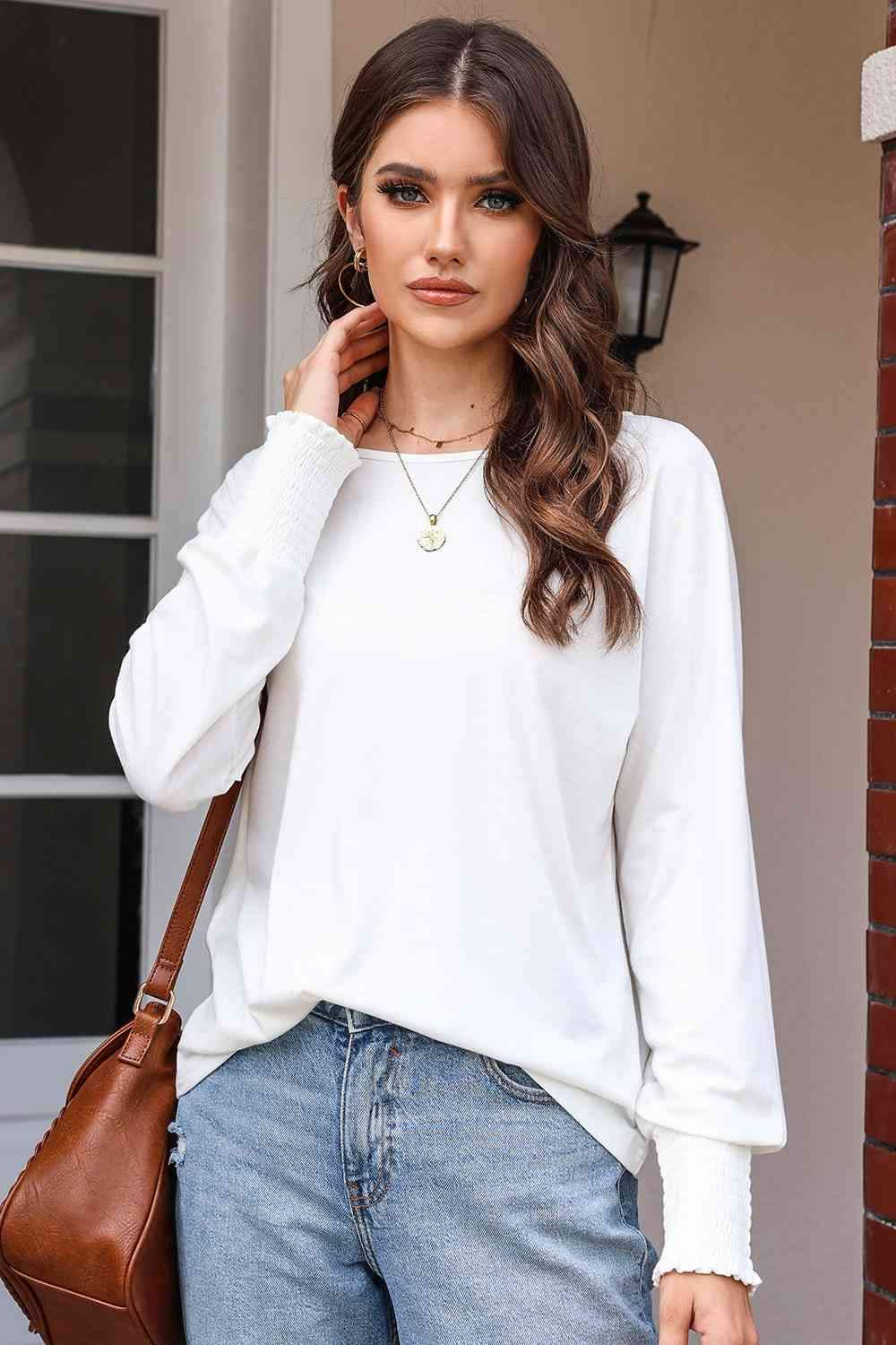 Round Neck Smocked Long Sleeve Blouse Blouses - Tophatter Daily Deals