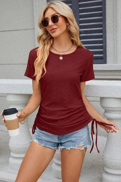 Eyelet Round Neck Short Sleeve T-Shirt Women's T-Shirts - Tophatter Daily Deals
