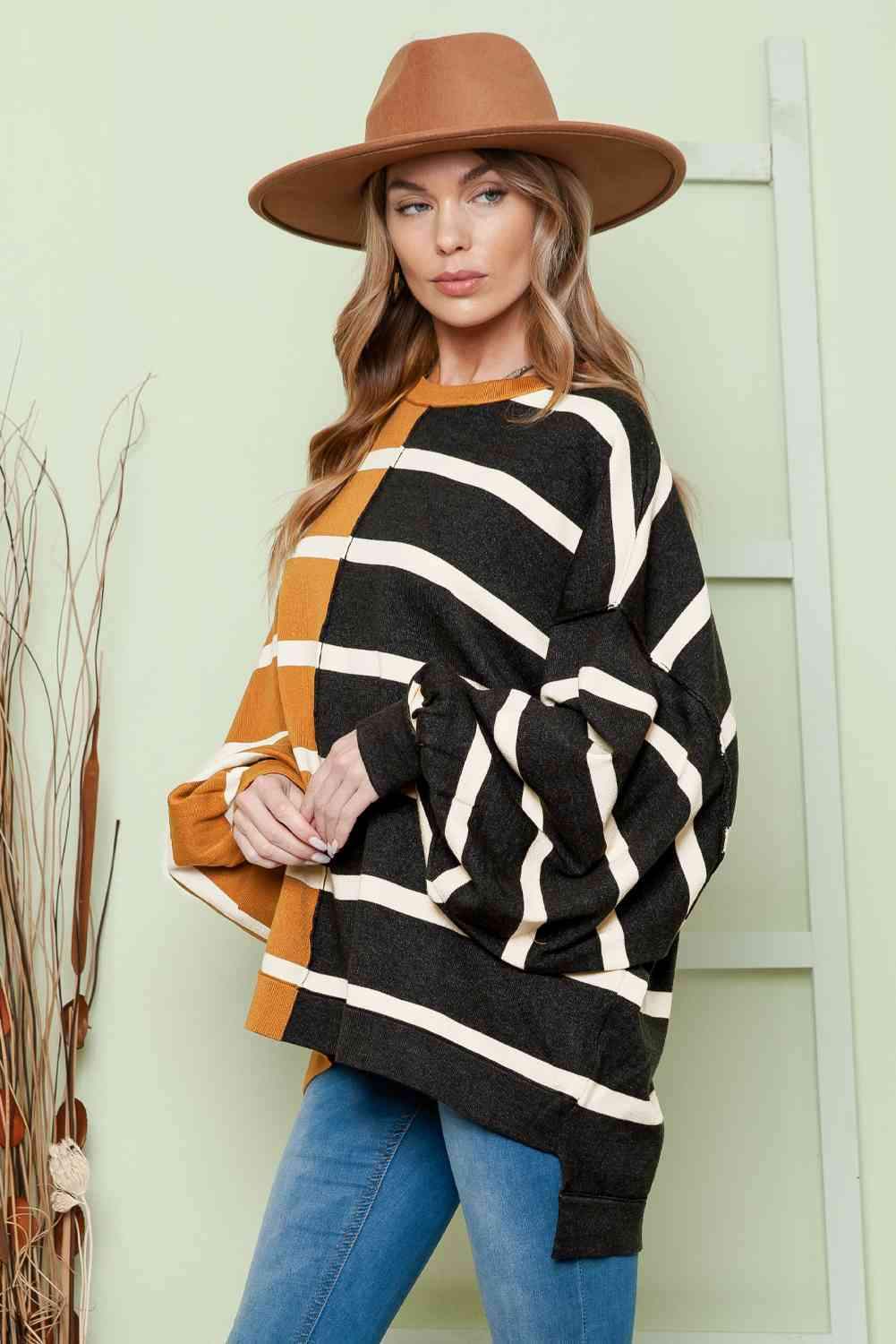 Striped Dropped Shoulder Round Neck Blouse Blouses - Tophatter Daily Deals