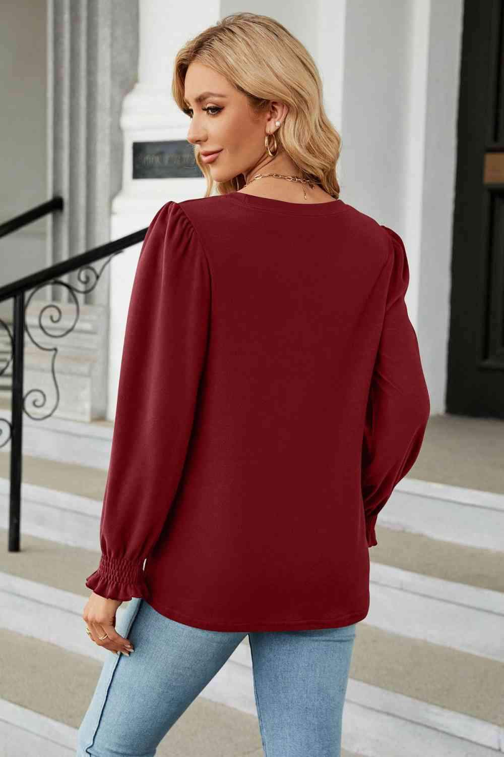 Round Neck Smocked Flounce Sleeve Blouse Blouses - Tophatter Daily Deals