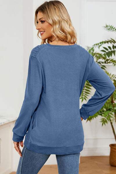 Ruched Round Neck Long Sleeve T-Shirt Women's T-Shirts - Tophatter Daily Deals