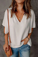 Gathered Detail Notched Neck Flutter Sleeve Top Blouses - Tophatter Daily Deals