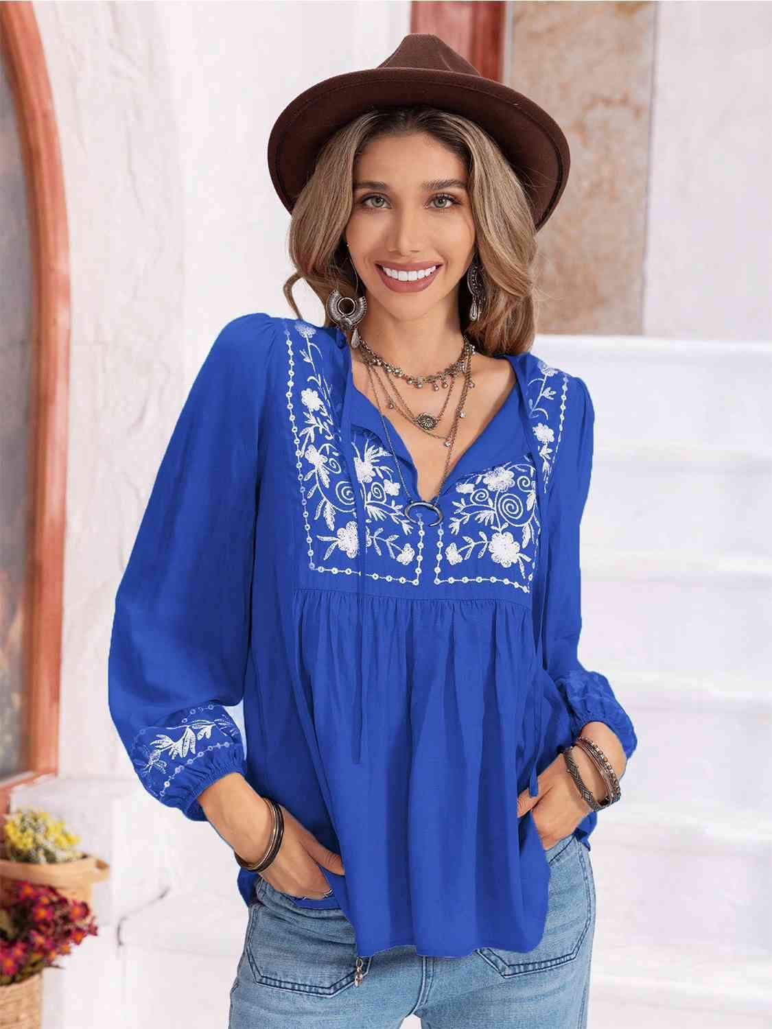 Floral Tie Neck Balloon Sleeve Blouse Royal Blue Blouses - Tophatter Daily Deals