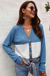 Color Block Waffle Knit V-Neck Top Blue Blouses - Tophatter Daily Deals