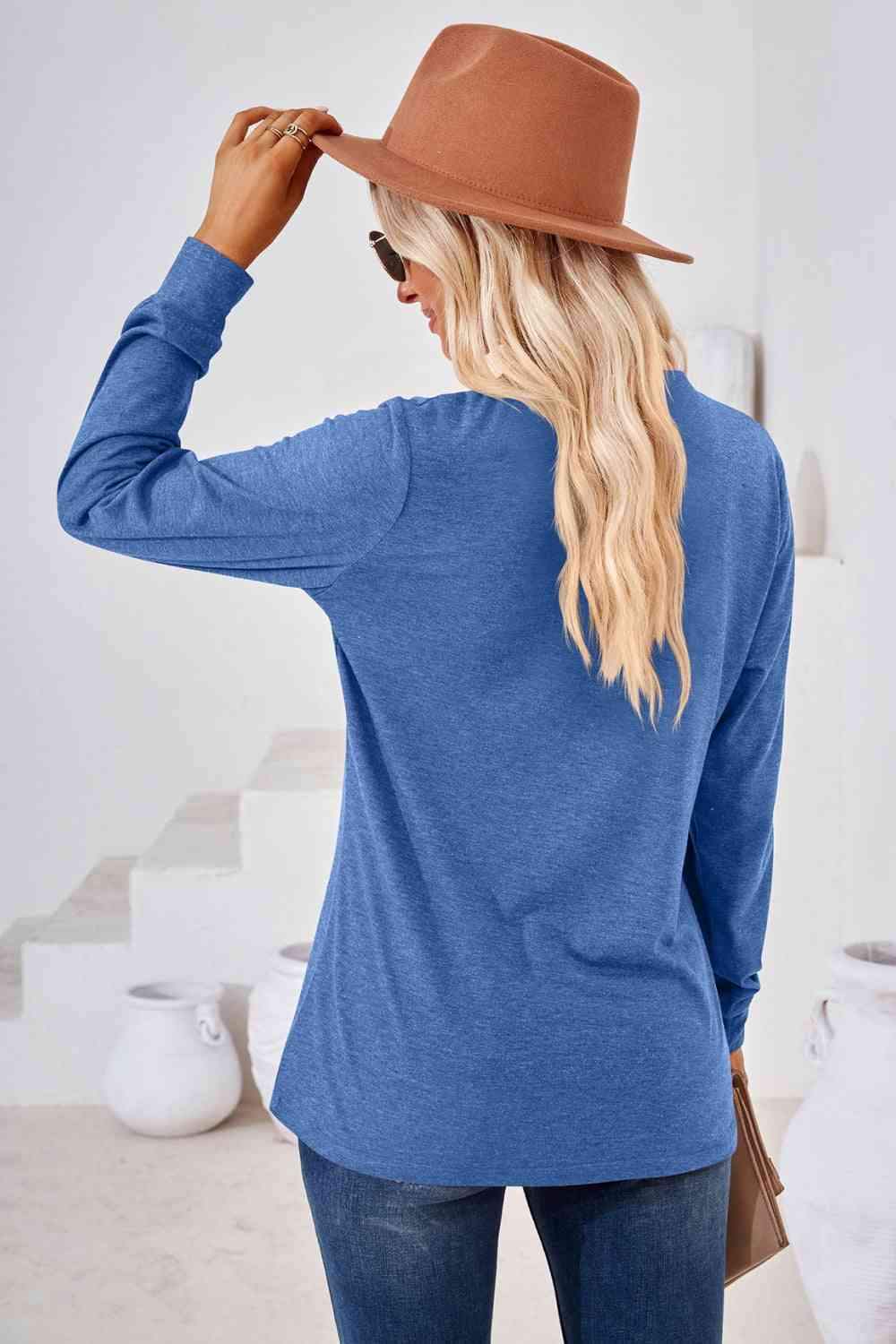 V-Neck Buttoned Long Sleeve Blouse Blouses - Tophatter Daily Deals