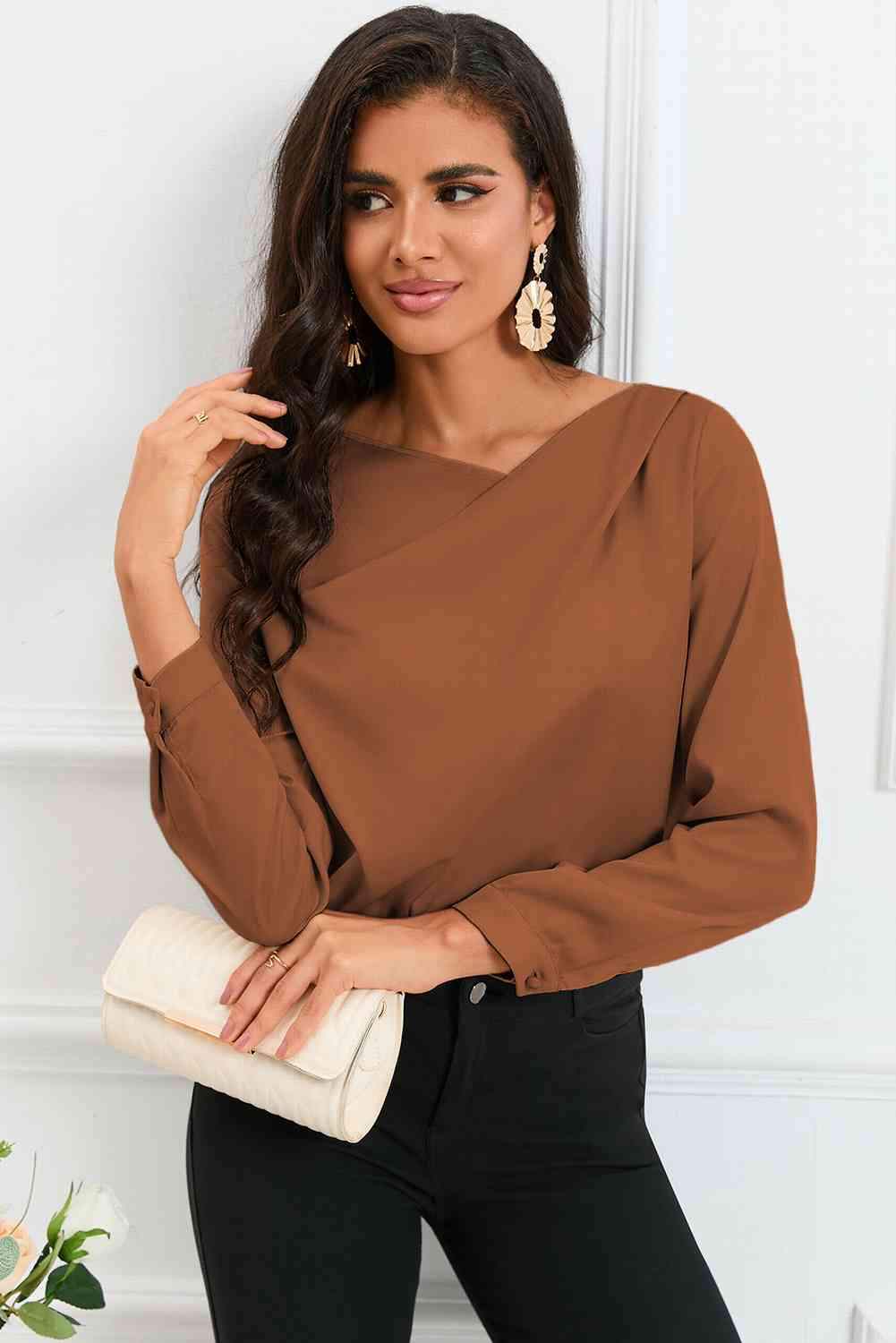 Surplice Neck Long Sleeve Satin Blouse Blouses - Tophatter Daily Deals