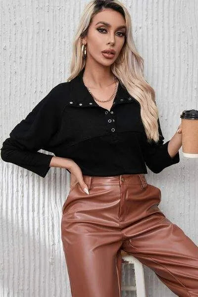 Ribbed Knit Henry Collar Loose Fitting Long Sleeve Top Blouses - Tophatter Daily Deals