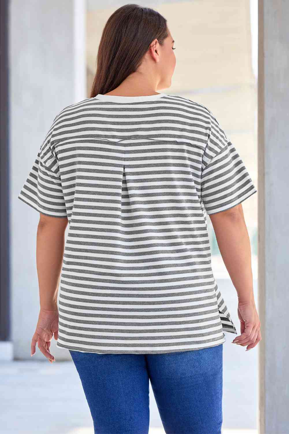 Plus Size Striped Notched Neck Short Sleeve Tee - Shop Tophatter Deals, Electronics, Fashion, Jewelry, Health, Beauty, Home Decor, Free Shipping