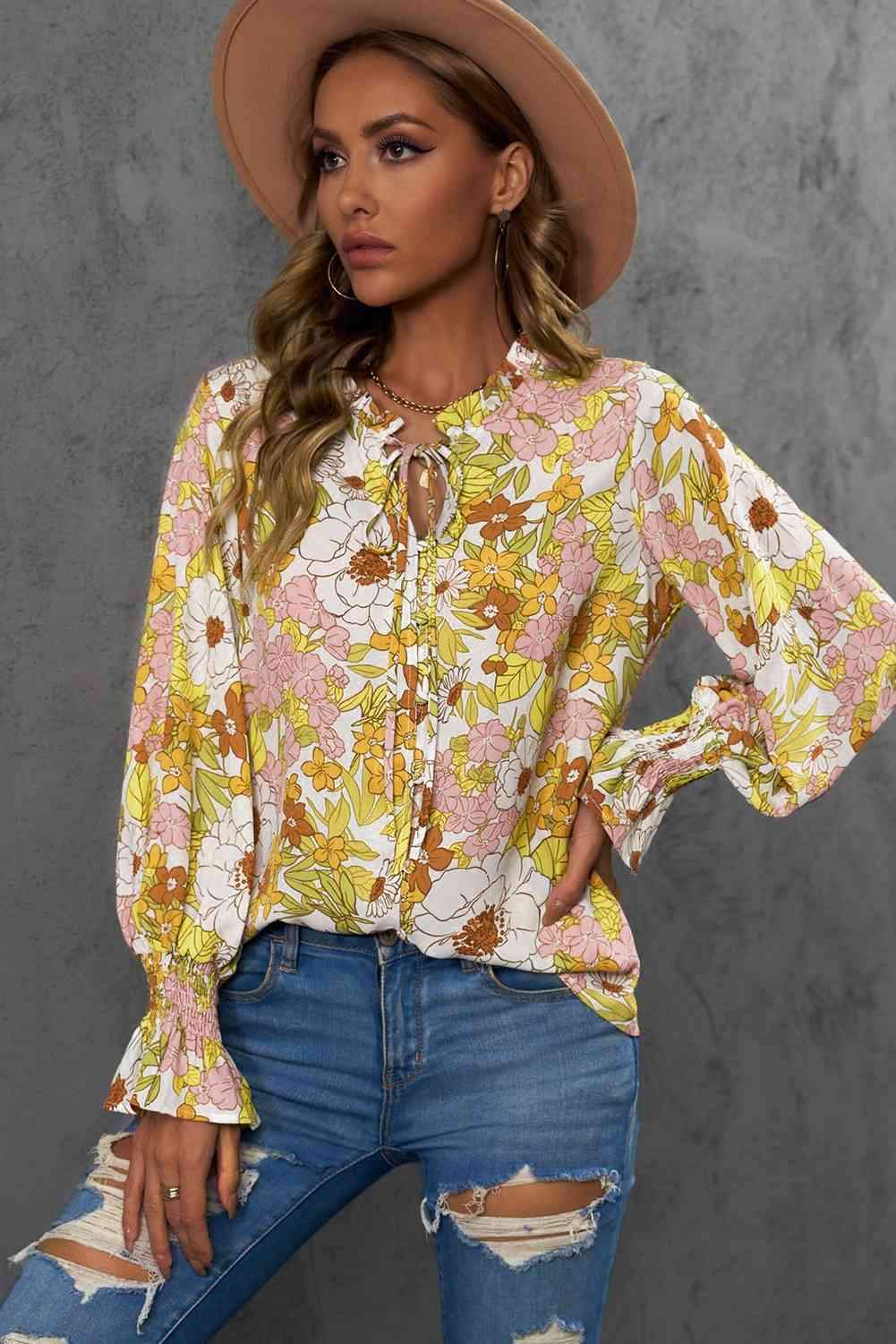 Floral Frill Trim Tie Neck Flounce Sleeve Blouse Blouses - Tophatter Daily Deals