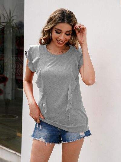 Ruffled Round Neck Cap Sleeve T-Shirt Women's T-Shirts - Tophatter Daily Deals