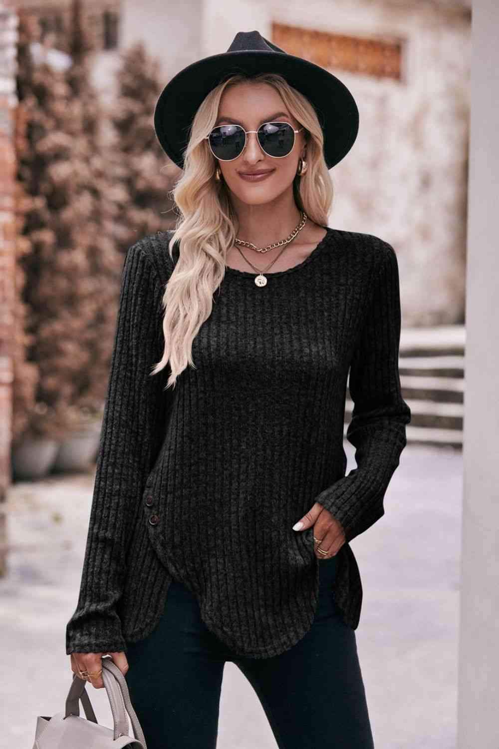 Double Take Buttoned Hem Detail Ribbed Top Black Women's T-Shirts - Tophatter Daily Deals