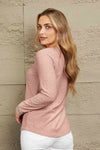 Double Take Contrast V-Neck Eyelet Long Sleeve Top Blouses - Tophatter Daily Deals